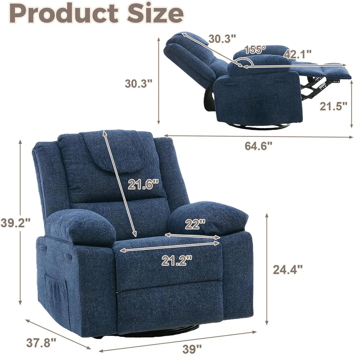 Sofa Massage Recliner Chair for Living Room Swivel Rocking Recliner Chair with Massage & Heat for Adults, with Footrest Breathable Linen Upholstery, 360° Swivel & 150° Recline