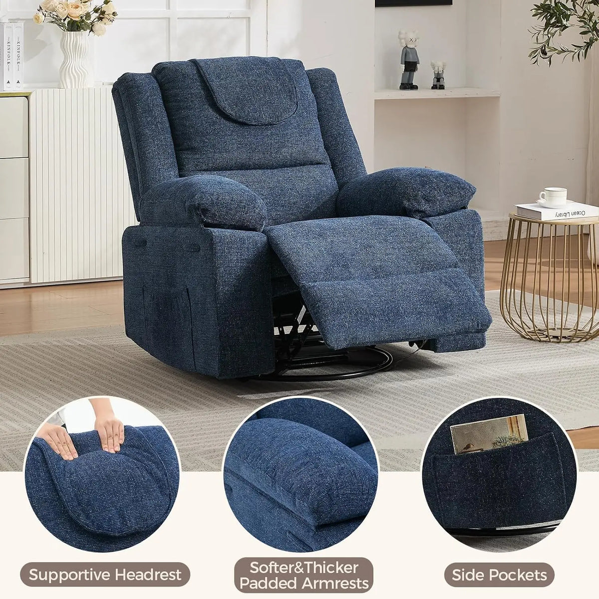 Sofa Massage Recliner Chair for Living Room Swivel Rocking Recliner Chair with Massage & Heat for Adults, with Footrest Breathable Linen Upholstery, 360° Swivel & 150° Recline