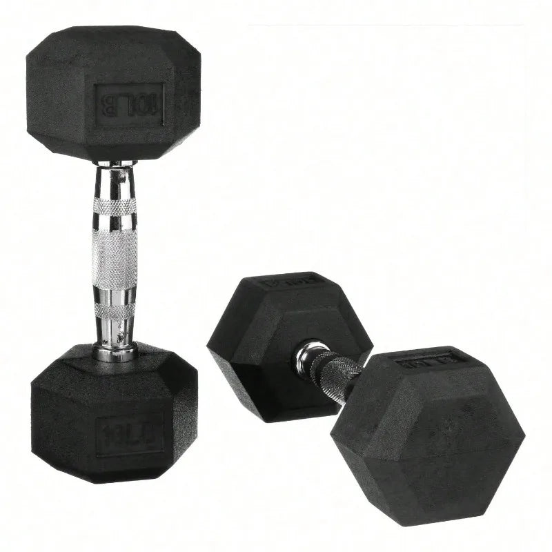 Large Fitness Equipment Rubber Encased Hex Dumbbells, 10 Lbs Pair, Black, Pairs