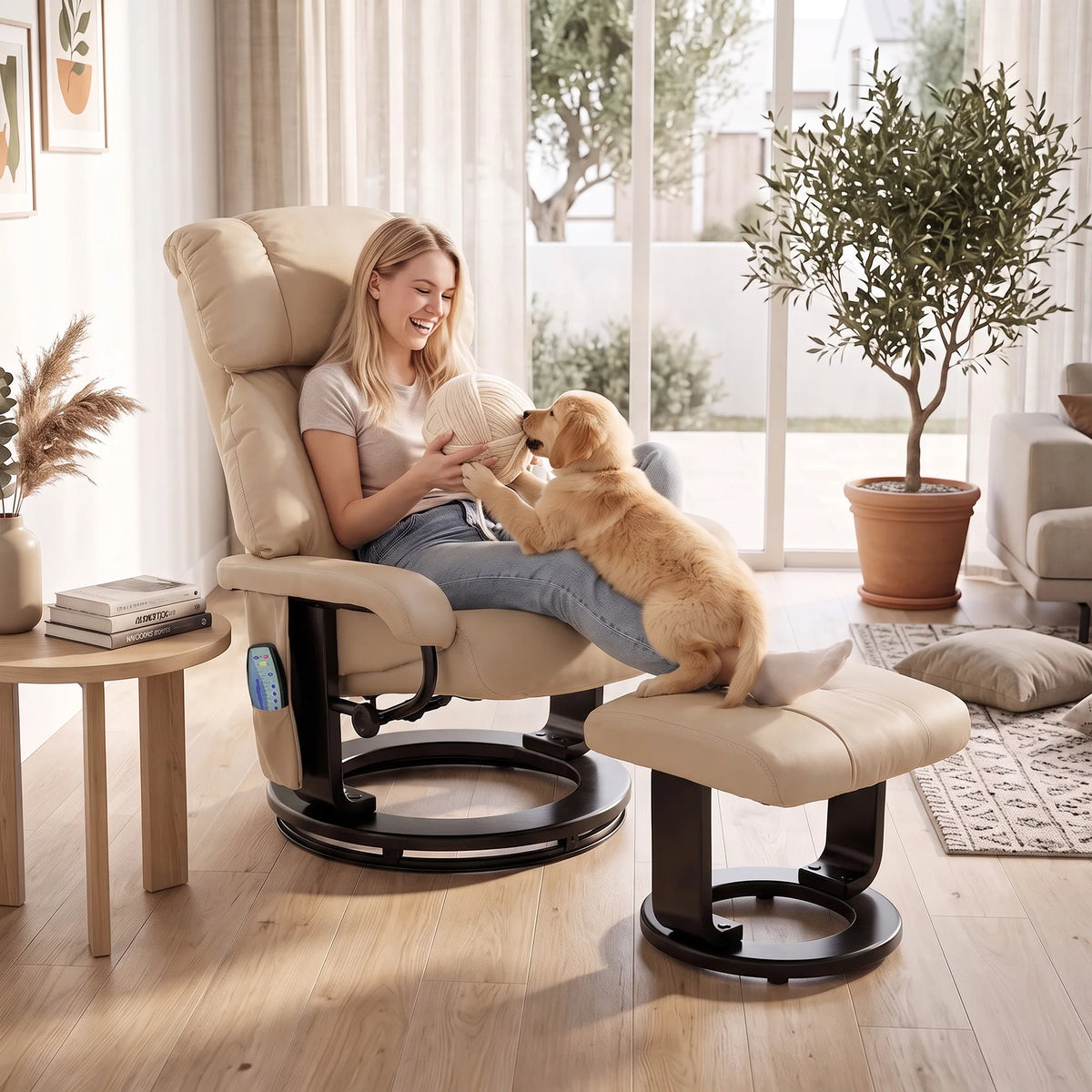 HOMCOM Massage Recliner Chair with Ottoman, 360° Swivel Recliner and Footstool, 10-Point Vibration, PU Leather Reclining Chair with Remote Control, Beige