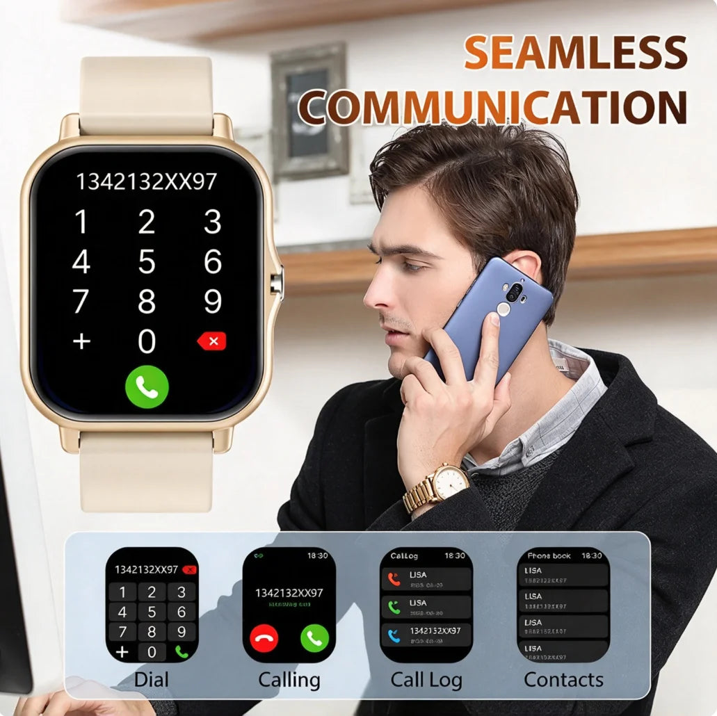 Upgraded Full-Touch Smart Watch, Wireless Calling And Reminders - USB Charging, Wallpaper, Multiple Sports Modes, News Reminders, Music Playback, Health Tracker, Suitable for Android And for Iphone Phones, Ideal Gift for Dail