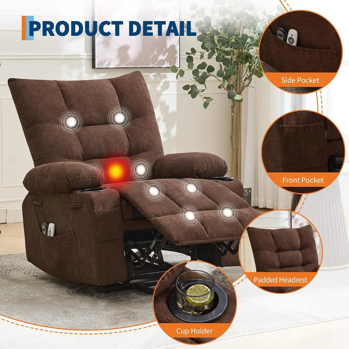 1PC Power Lift Recliner Chair Sofa Massage Recliner Chair for Living Room Extra Wide 57 cm Seat & Wide High Back Linen Upholstery with Side Pocket
