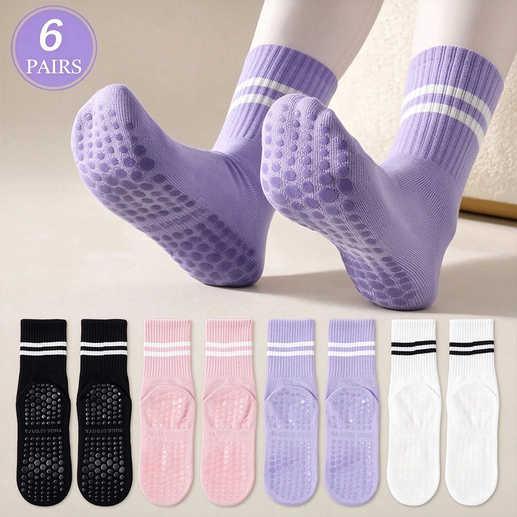 1/3/6 Pairs Non Slip Yoga Socks Women Cotton Mid Tube Grip Socks for Pilates Barre Workout Fitness Hospital Sports Socks