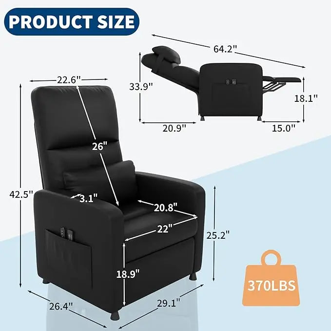 Electric Recliner Chair With Massage Heat USB And Side Pockets