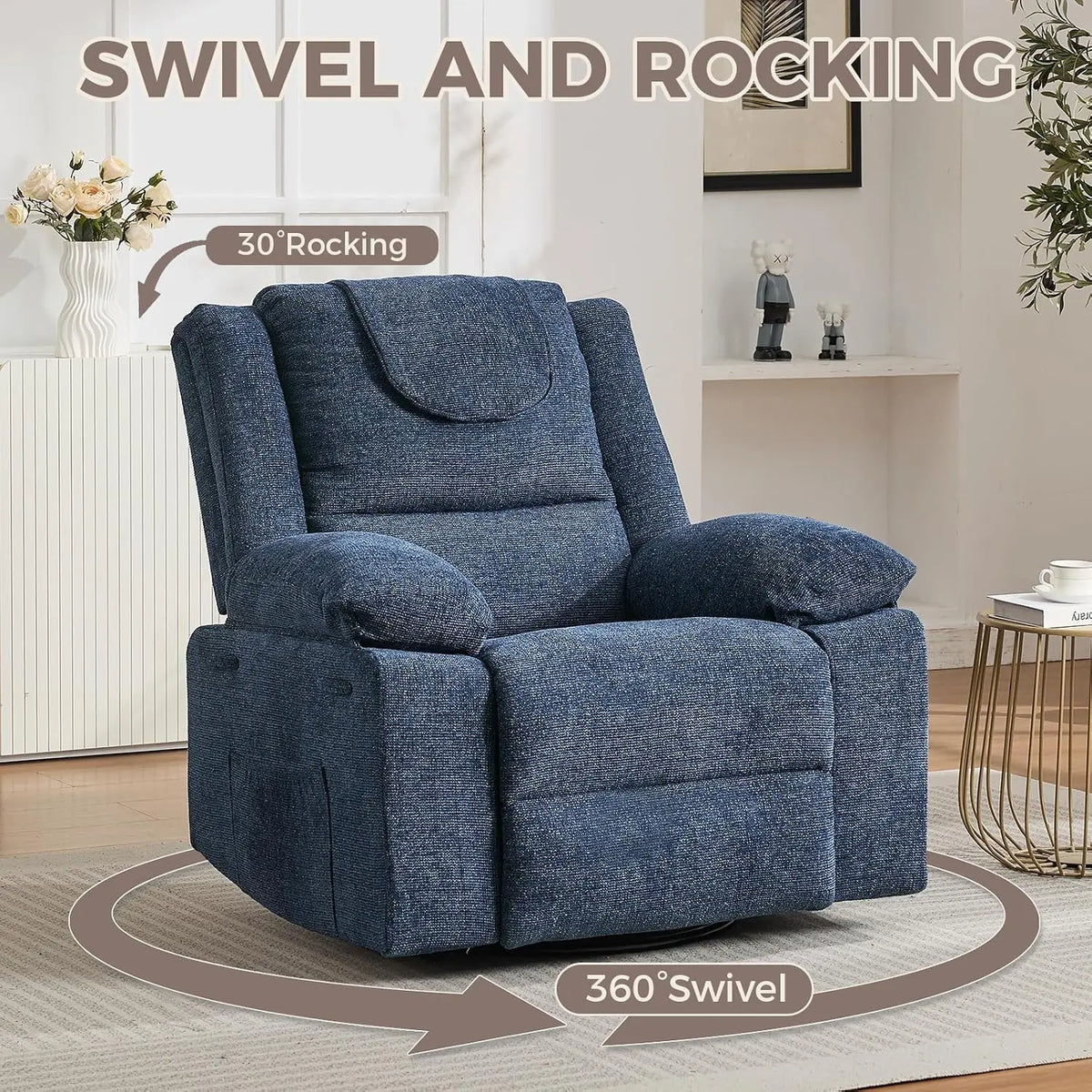 Sofa Massage Recliner Chair for Living Room Swivel Rocking Recliner Chair with Massage & Heat for Adults, with Footrest Breathable Linen Upholstery, 360° Swivel & 150° Recline