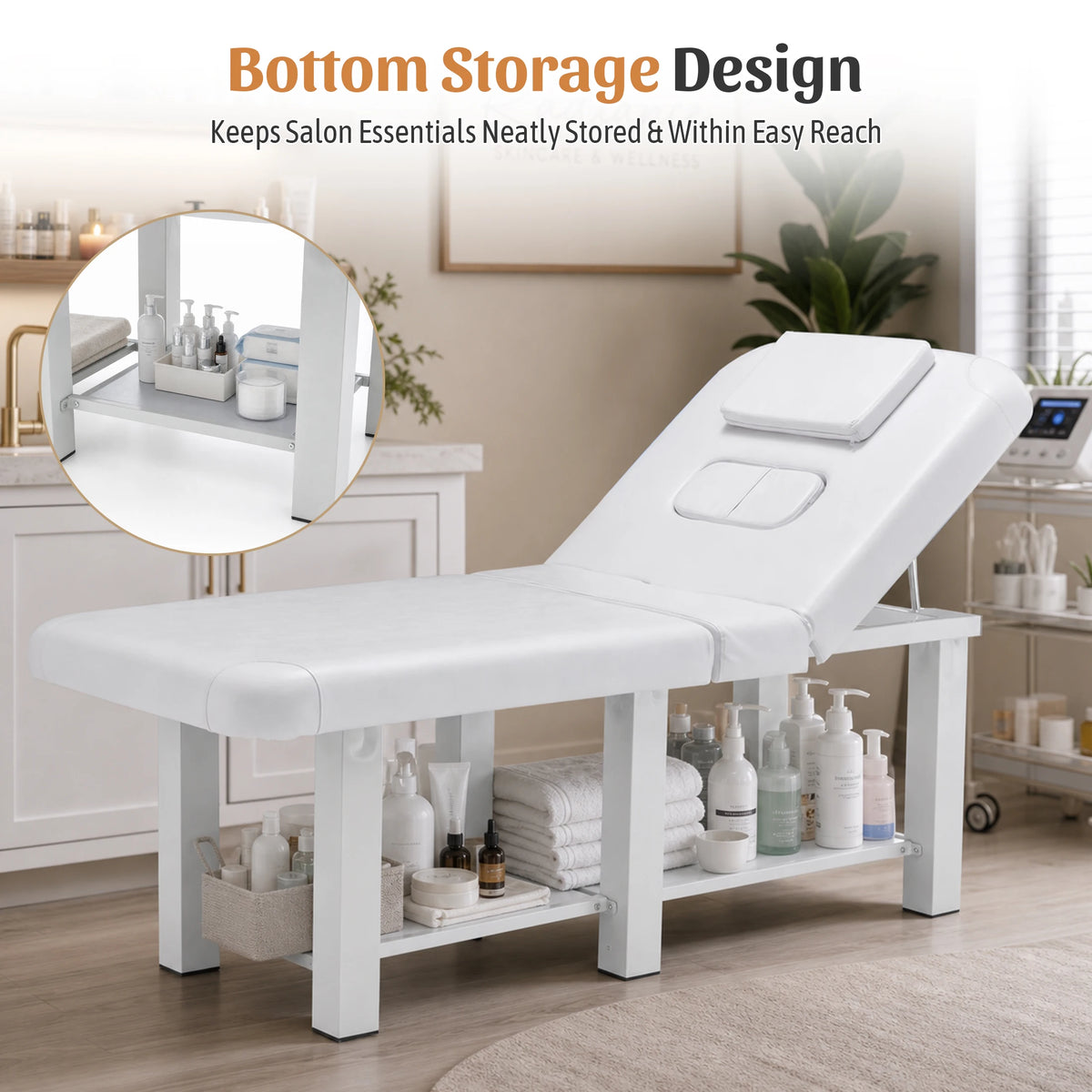 Folding Adjustable Massage Bed With Reclining Backrest And Removable Headrest