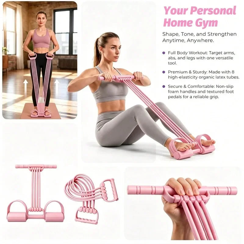 Upgraded Household Full‑Body Pedal Resistance Bands with Handle, 8‑Tube Natural Rubber Foot Tension Rope, for Ab Waist Arm Leg Pilates Yoga