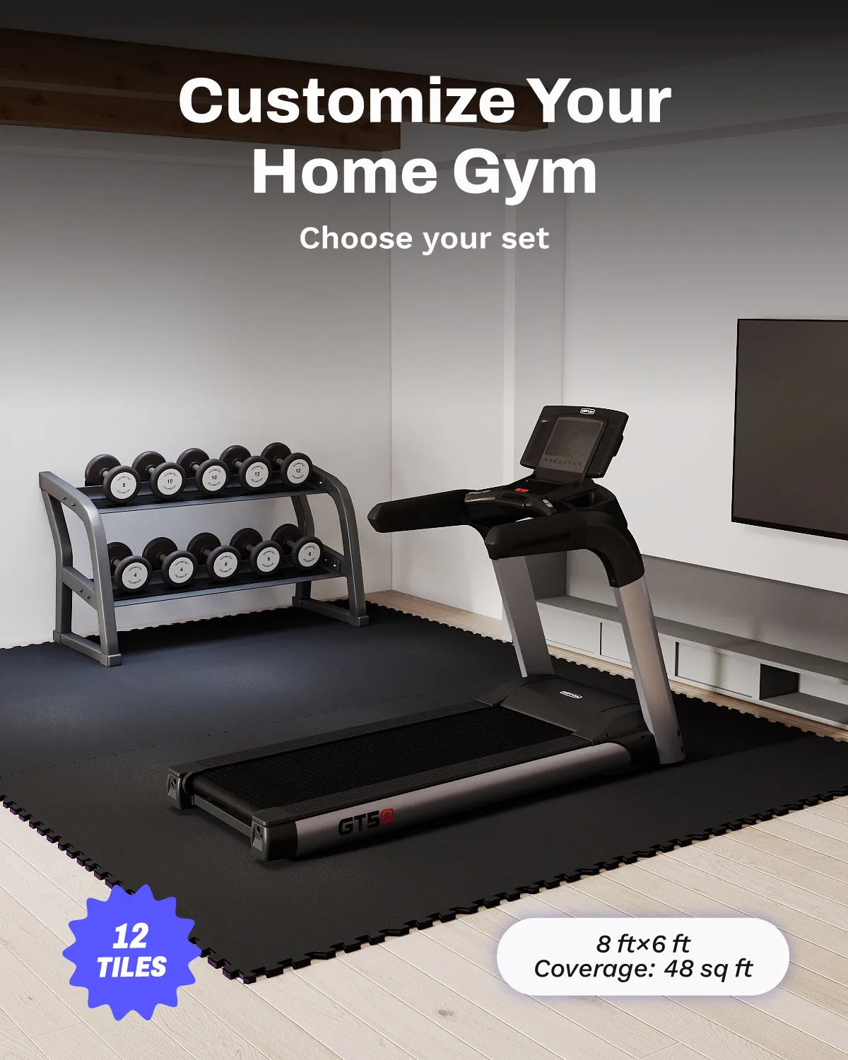 AIRHOP 0.8" Ultra Thick 48 Sq Ft Exercise Equipment Mats, 12PCS, Upgraded Rubber Top Gym Flooring for Home Gym, Black