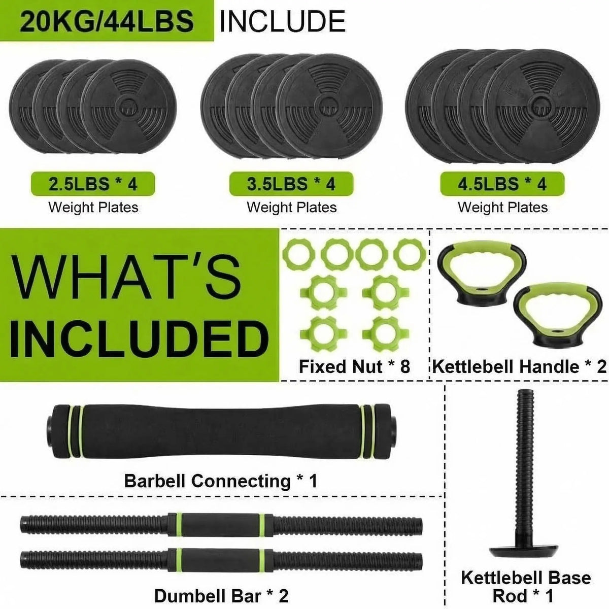 Adjustable Weight Set 44 Lbs, 4-in-1 Dumbbell Set and Barbell Weight Set for Home Gym, Converts to Kettlebell & Push-Up Stand, Free Weights Dumbbells Set for Men & Women Full Body Workout