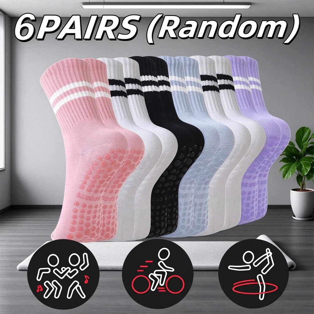 1/3/6 Pairs Non Slip Yoga Socks Women Cotton Mid Tube Grip Socks for Pilates Barre Workout Fitness Hospital Sports Socks