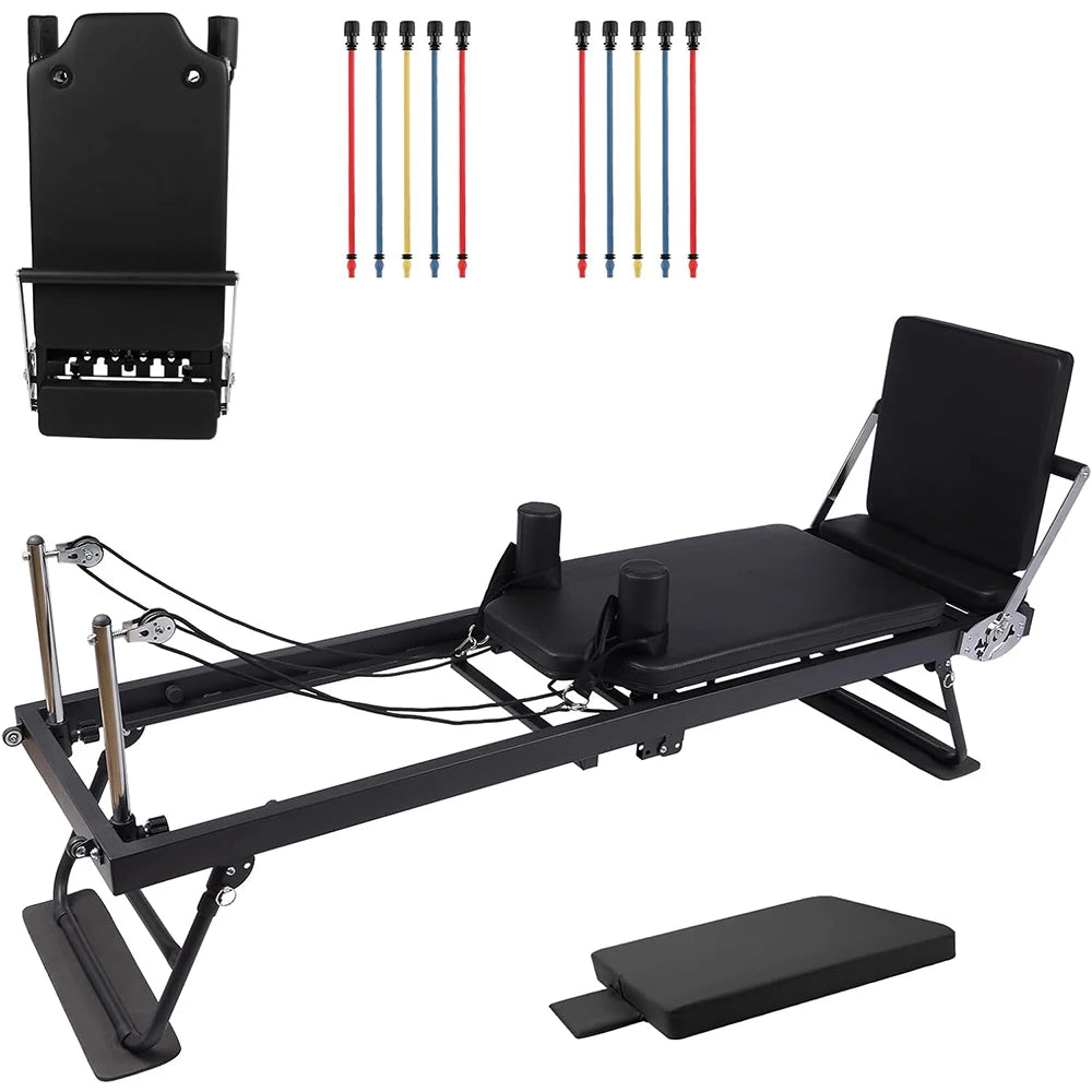 Foldable Reformer Pilates Machine with Adjustable Reformer Heights, Pilates Equipment with Piano Wire Spings and Jump Boards