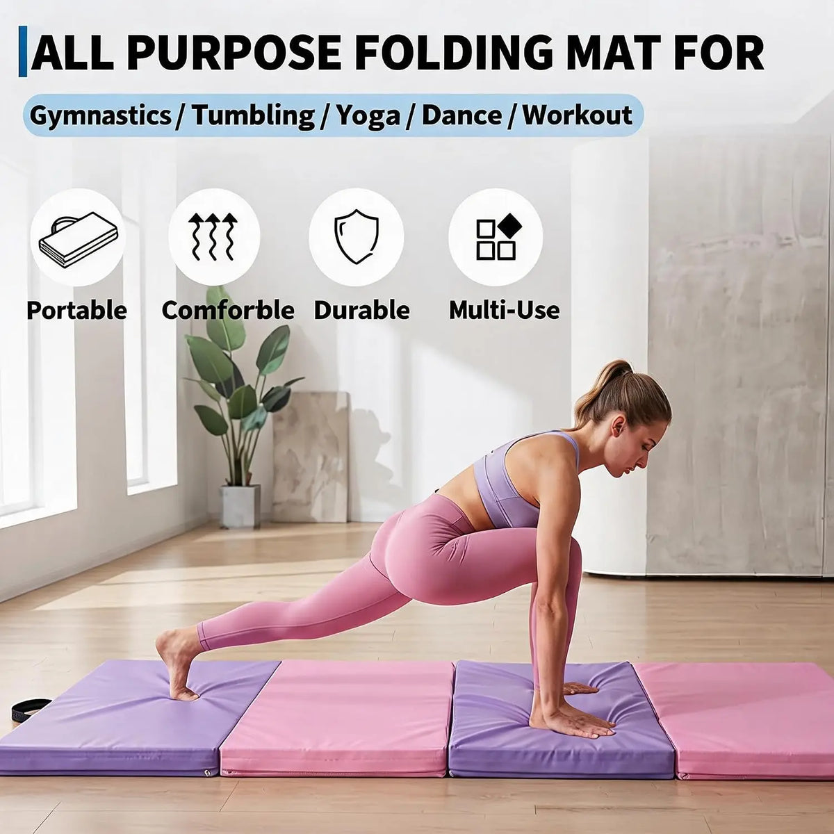 Gymnastics Mat 6x3FT 4-Panel Tumbling Mat,2 Inches Thick Gym Mat PU Leather Exercise Floor Mat Portable Yoga Mat with Carrying Handles for Pilates, Aerobics, Martial Arts,Home Fitness