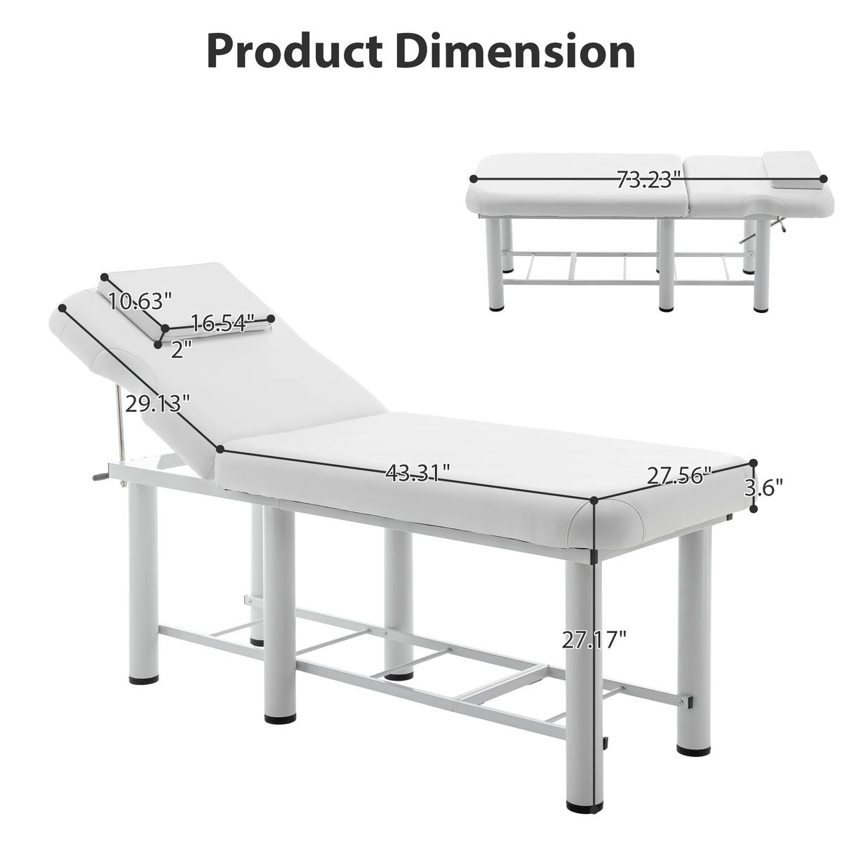 Professional Massage Table with Adjustable Backrest Removable Headrest Bottom Storage Shelf Memory Foam Salon Bed White