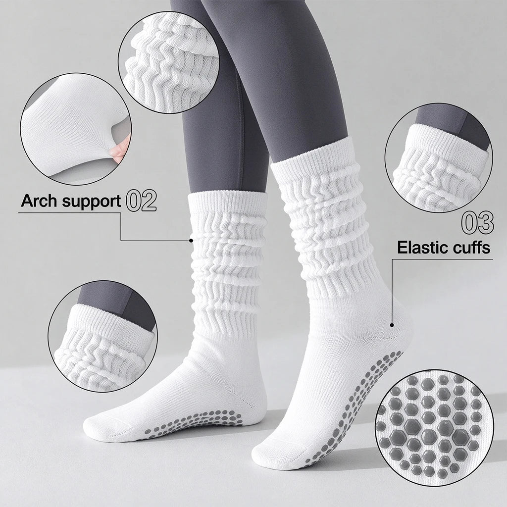 1/3/6 Pairs Slouch Pilates Socks For Women Non Slip Grippy Yoga Socks Long Scrunch Crew Socks For Workout Barre