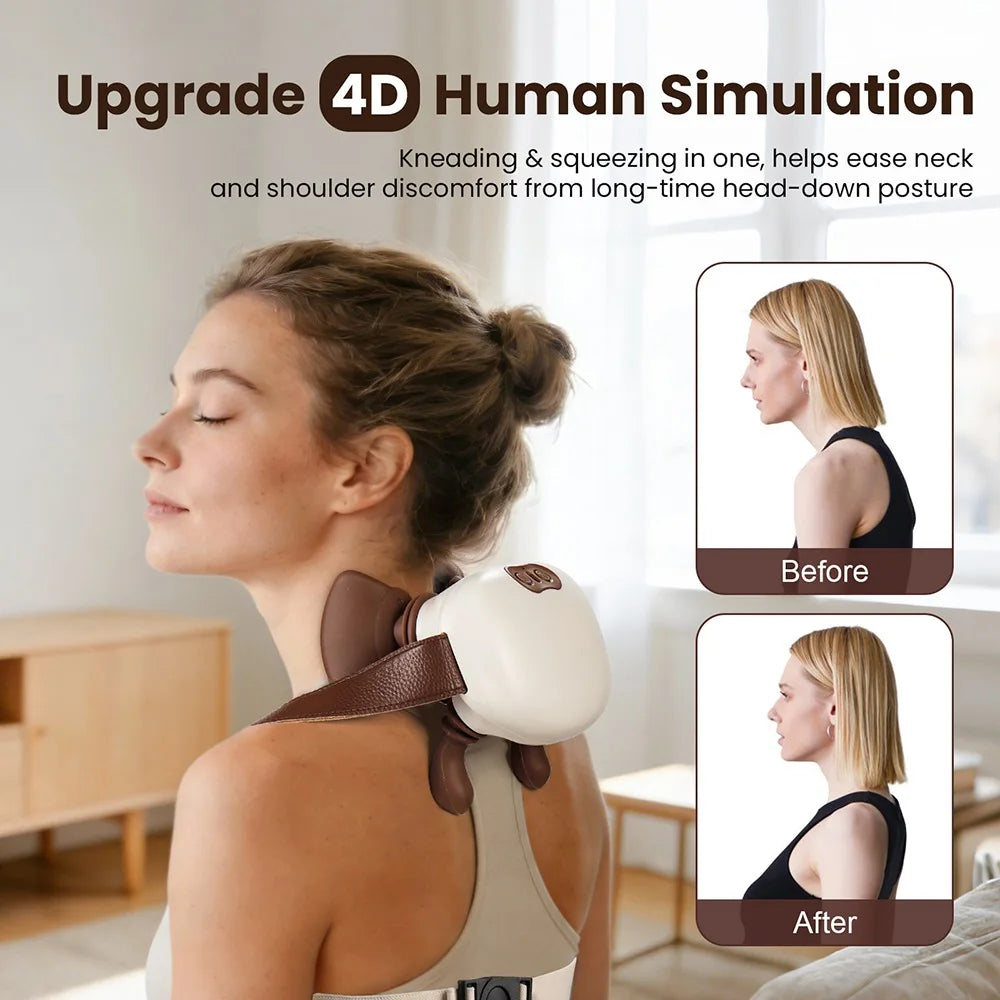 4D Electric Neck Massager Wireless Cervical Massage Device Shiatsu Deep Tissue Shoulder Body Relaxation Massager for Men Women