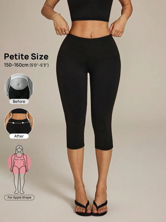 Vivamere Solid Color High Waist Metal Casual Athleisure Athletic Fashionable Capri Pants For Summer Pilates Black Sporty Petite Women Gym Workout