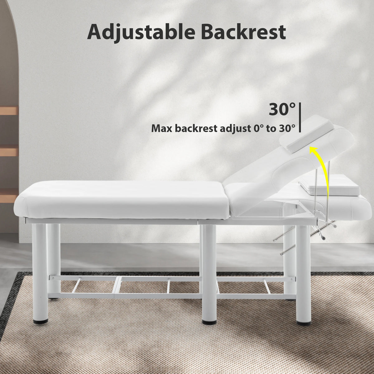 Professional Massage Table with Adjustable Backrest Removable Headrest Bottom Storage Shelf Memory Foam Salon Bed White