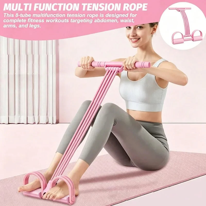 Upgraded Household Full‑Body Pedal Resistance Bands with Handle, 8‑Tube Natural Rubber Foot Tension Rope, for Ab Waist Arm Leg Pilates Yoga