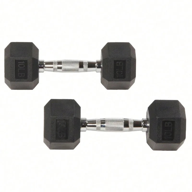Large Fitness Equipment Rubber Encased Hex Dumbbells, 10 Lbs Pair, Black, Pairs